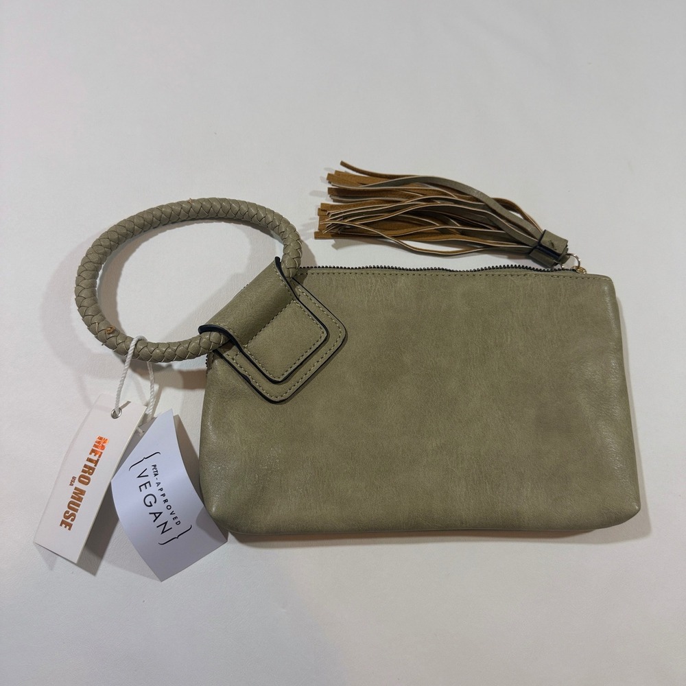 Metro Muse Ring Handle Clutch Womens OS Sage Green Vegan Leather Tassel Fringe
